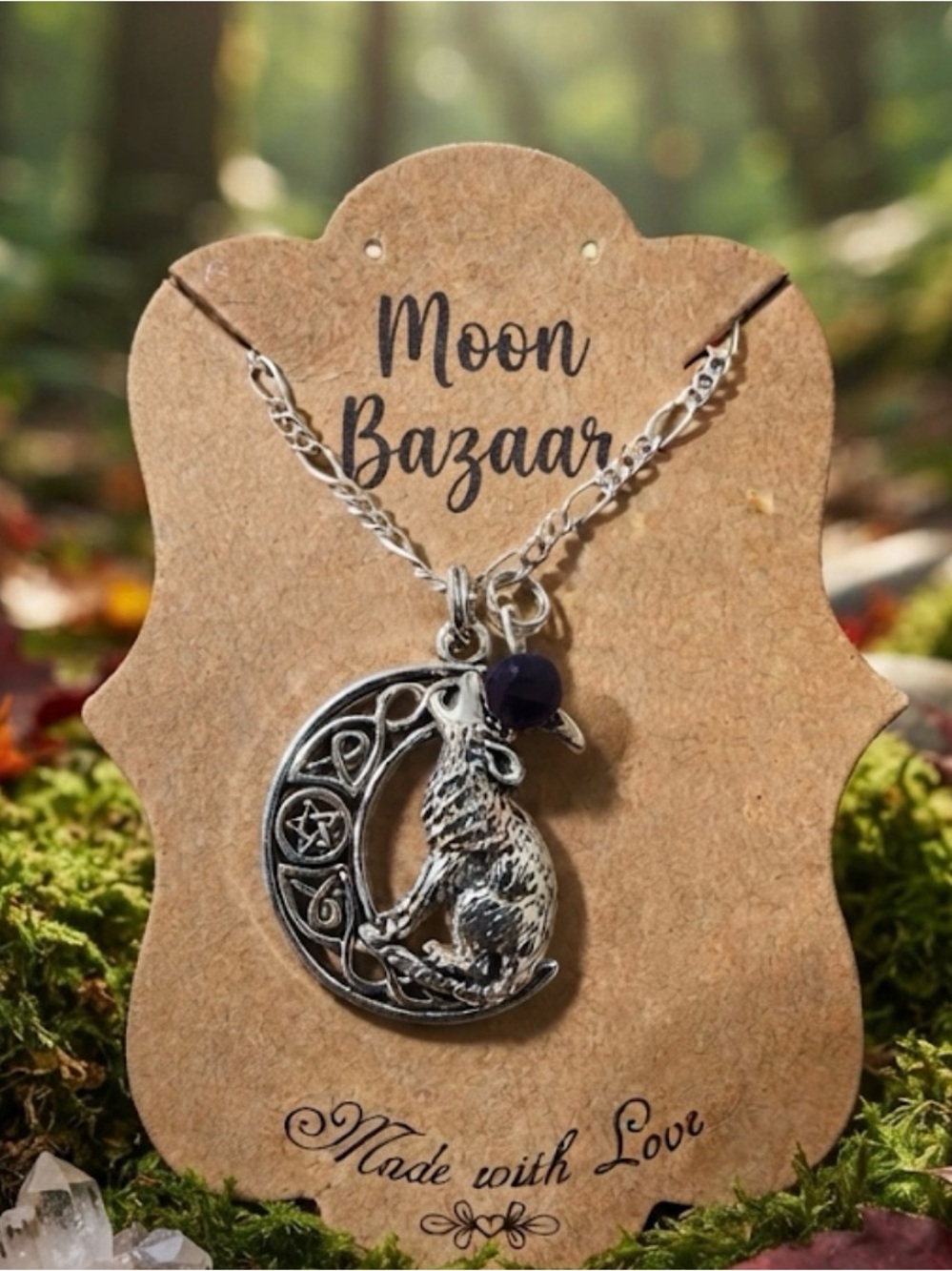 Pentagram wolf Crescent Necklace with Amethyst Gem